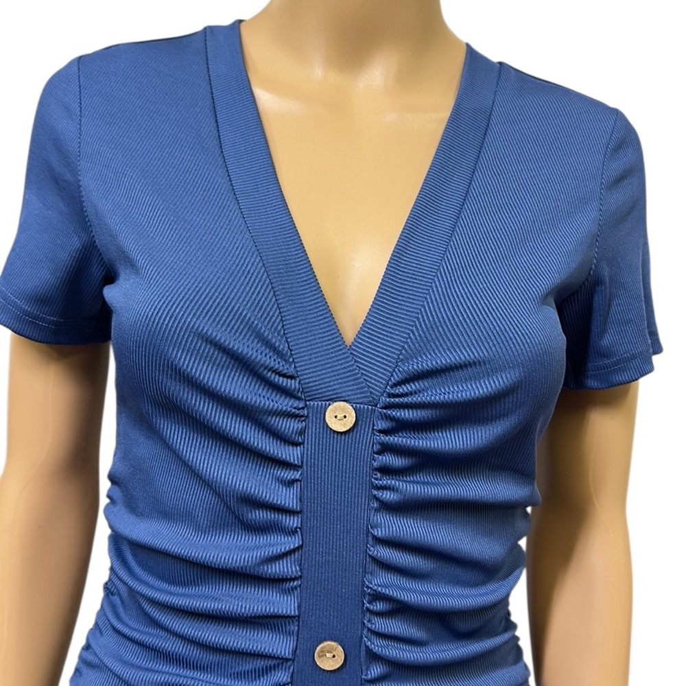 Beyove Blue Ruched Bodycon Ribbed V Neck Button Front Short Sleeve Mini Dress S - Picture 4 of 12